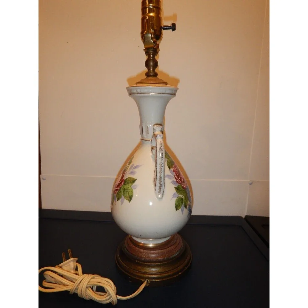 Vintage Porcelain Urn Table Lamp Roses Gold Scroll Handles Floral Hand Decorated